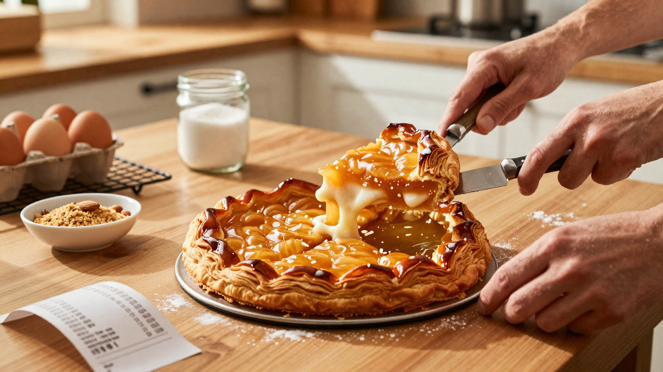 Mãos a cortar uma fatia de tarte folhada com recheio cremoso num balcão de cozinha com ingredientes à volta.