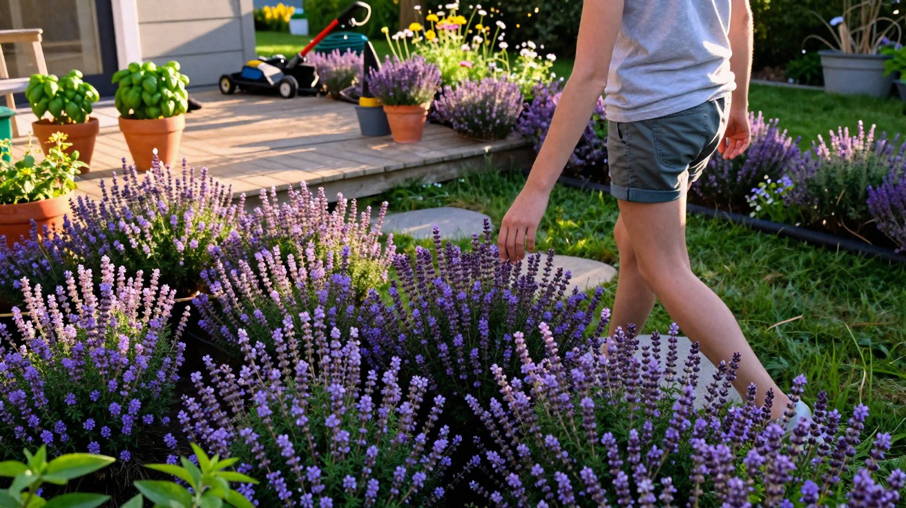 Pessoa a caminhar descalça num jardim com flores lilases e vasos de plantas junto a uma varanda.