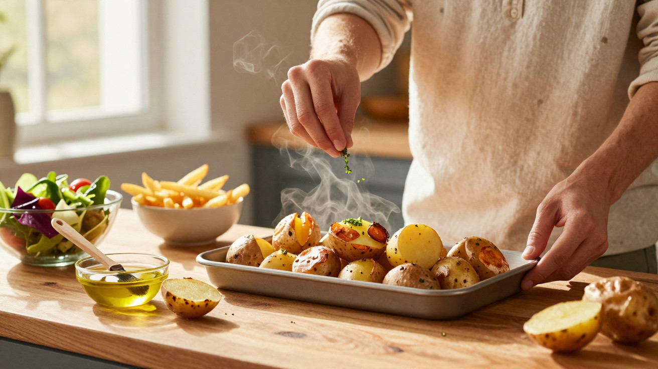 Pessoa a temperar batatas assadas em tabuleiro com ervas numa cozinha iluminada, com salada e batatas fritas ao fundo.