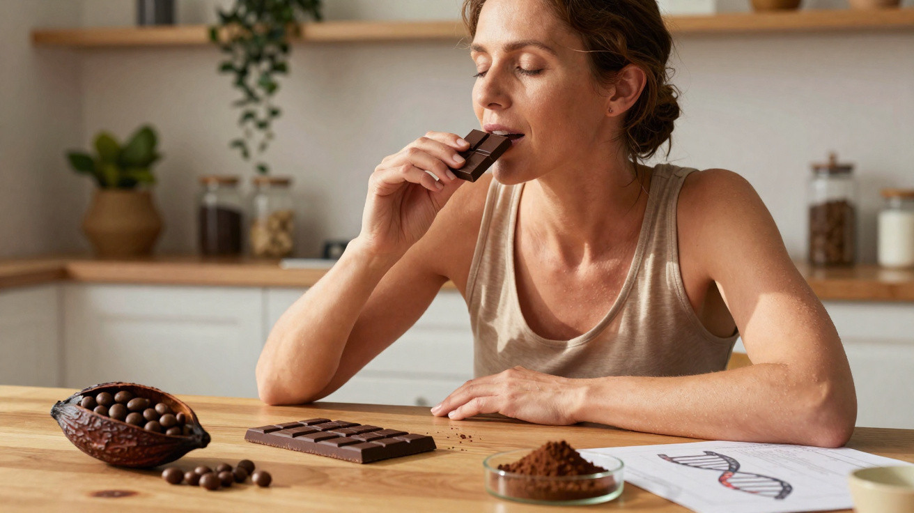 Mulher a saborear chocolate numa mesa com barra de chocolate, amêndoas e cacau em pó.