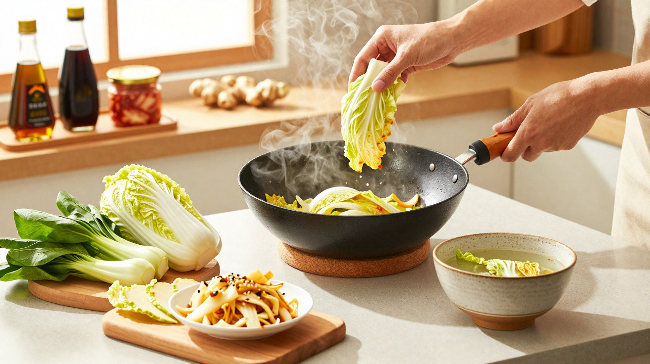 Mãos a cozinhar legumes frescos numa wok vaporosa, com vegetais e sopa na bancada da cozinha.