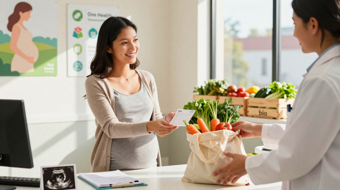 Mulher recebe orientação de nutricionista enquanto entrega saco com legumes frescos num consultório luminoso.