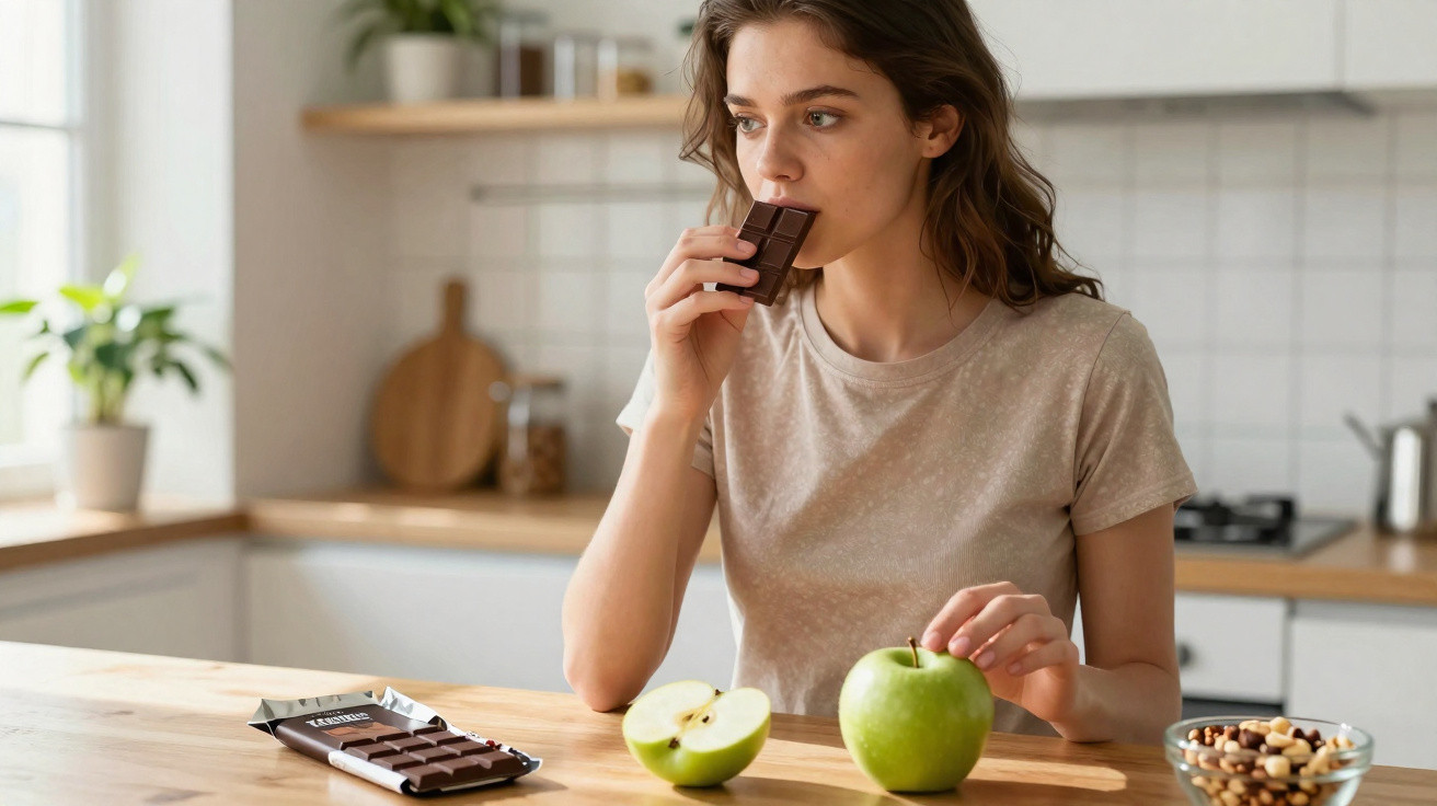 Mulher pensativa na cozinha a comer chocolate, com maçã e frutos secos numa mesa à frente.