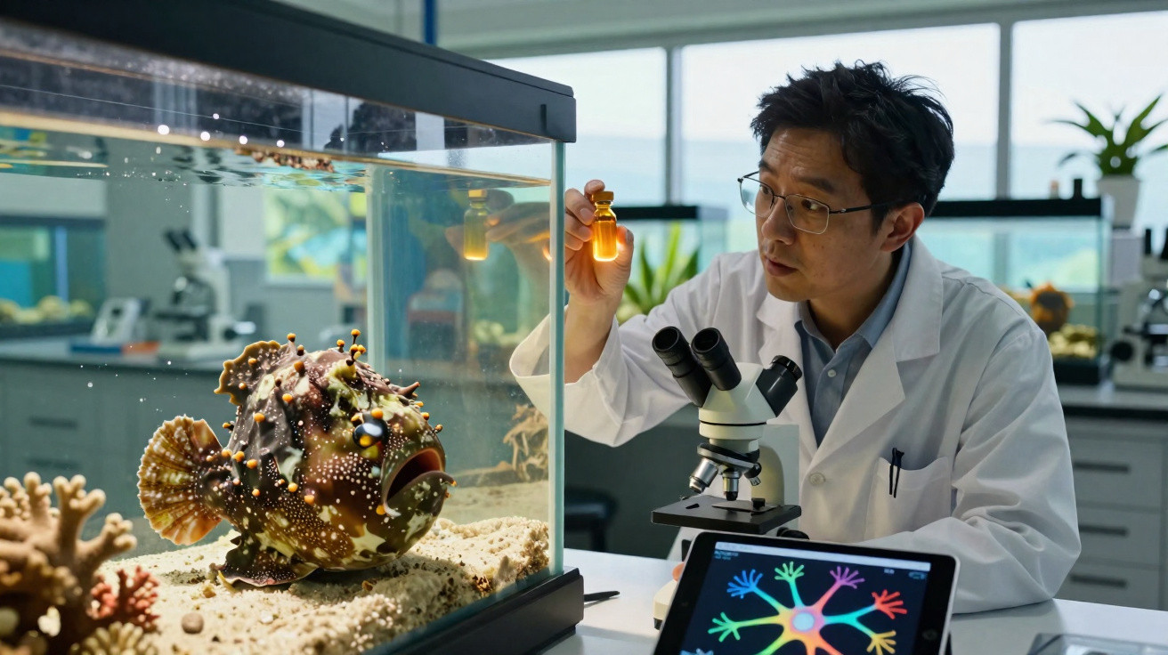 Cientista observa amostra em tubo de ensaio perto de aquário com peixe e microscópio em laboratório.