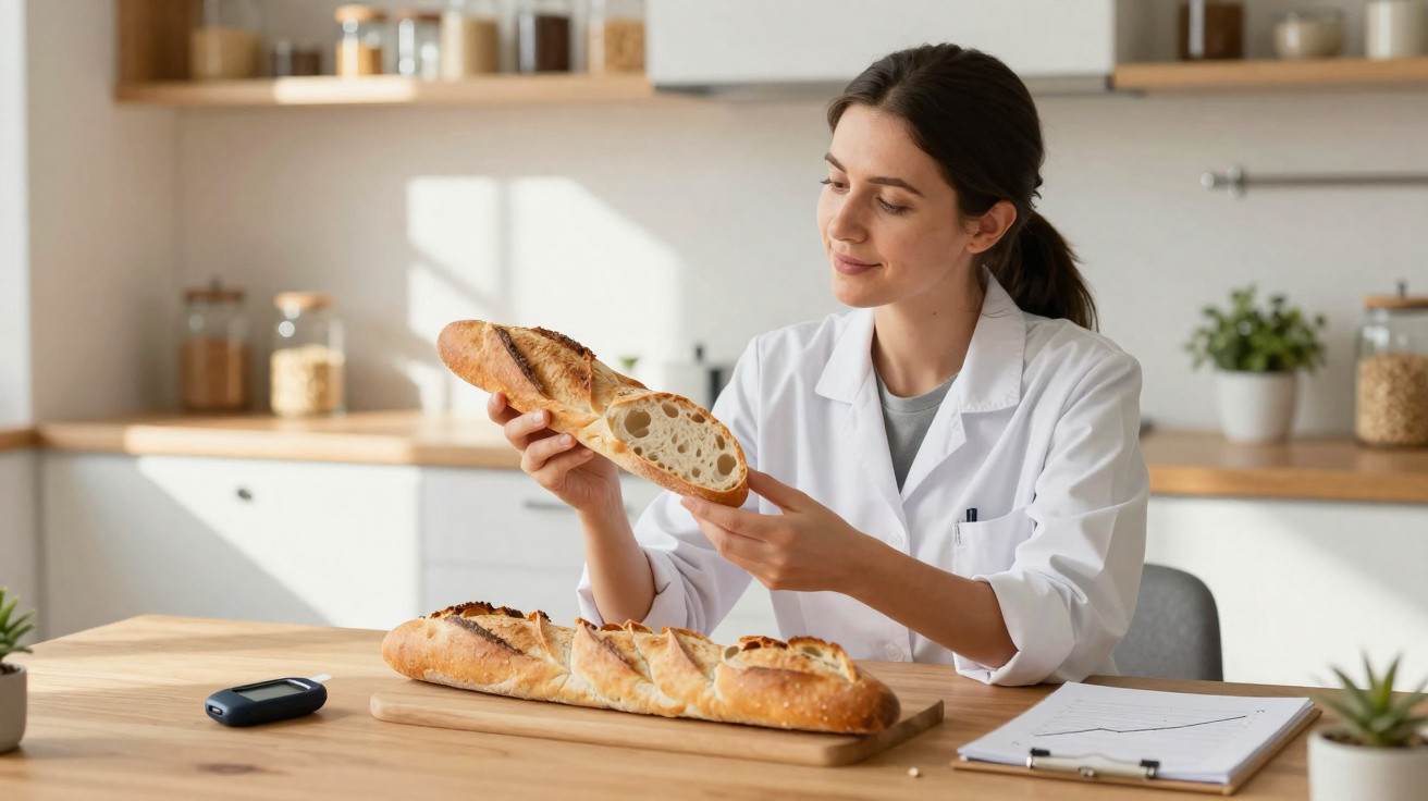 Mulher com bata branca a examinar um pão baguete numa cozinha luminosa, com equipamento médico e bloco de notas na mesa.