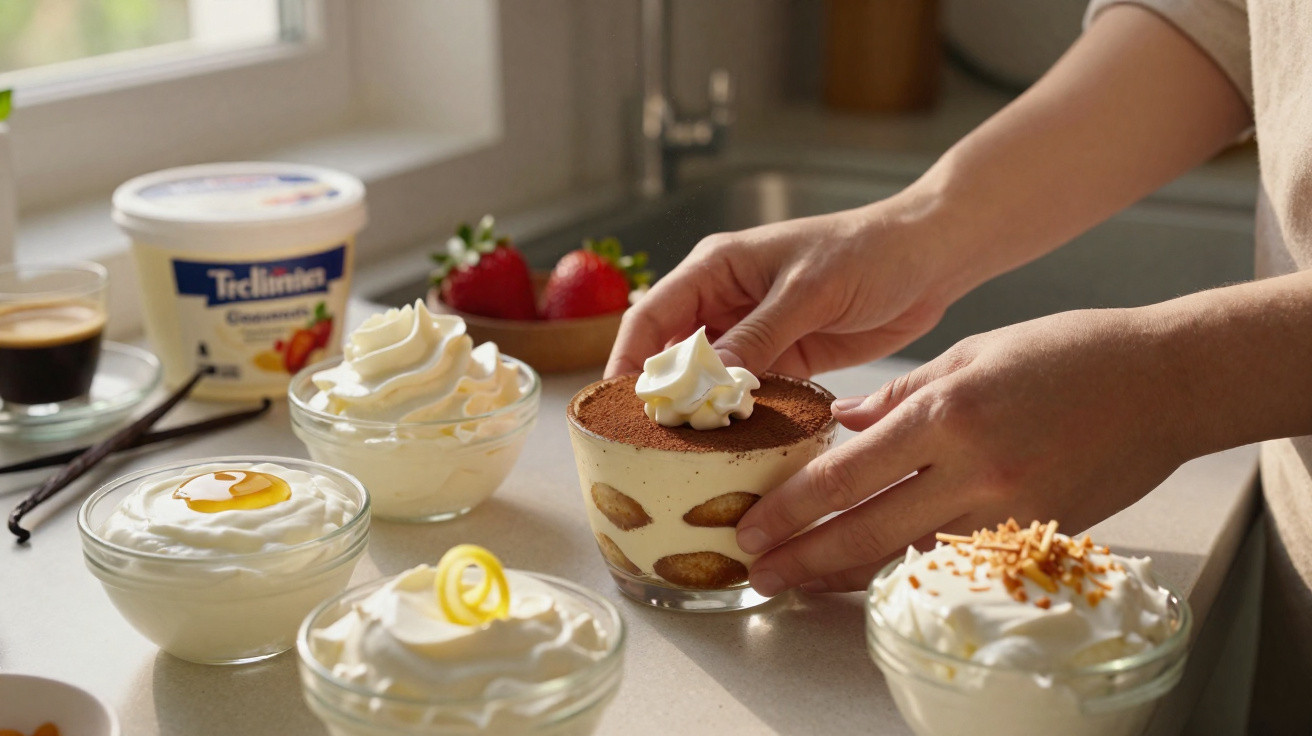 Mãos a decorar tiramisù com creme, rodeado de taças com sobremesas cremosas junto a morangos e embalagem de iogurte.