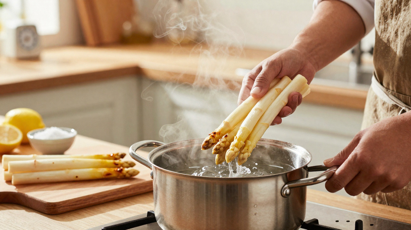 Pessoa a cozinhar espargos brancos em água a ferver numa panela na cozinha.