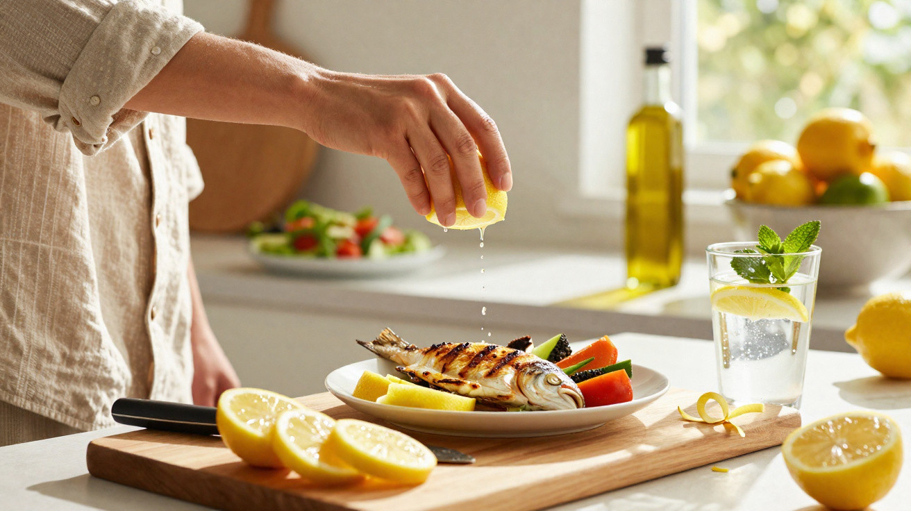 Pessoa a espremer limão sobre peixe grelhado num prato, com salada e limonada ao lado.
