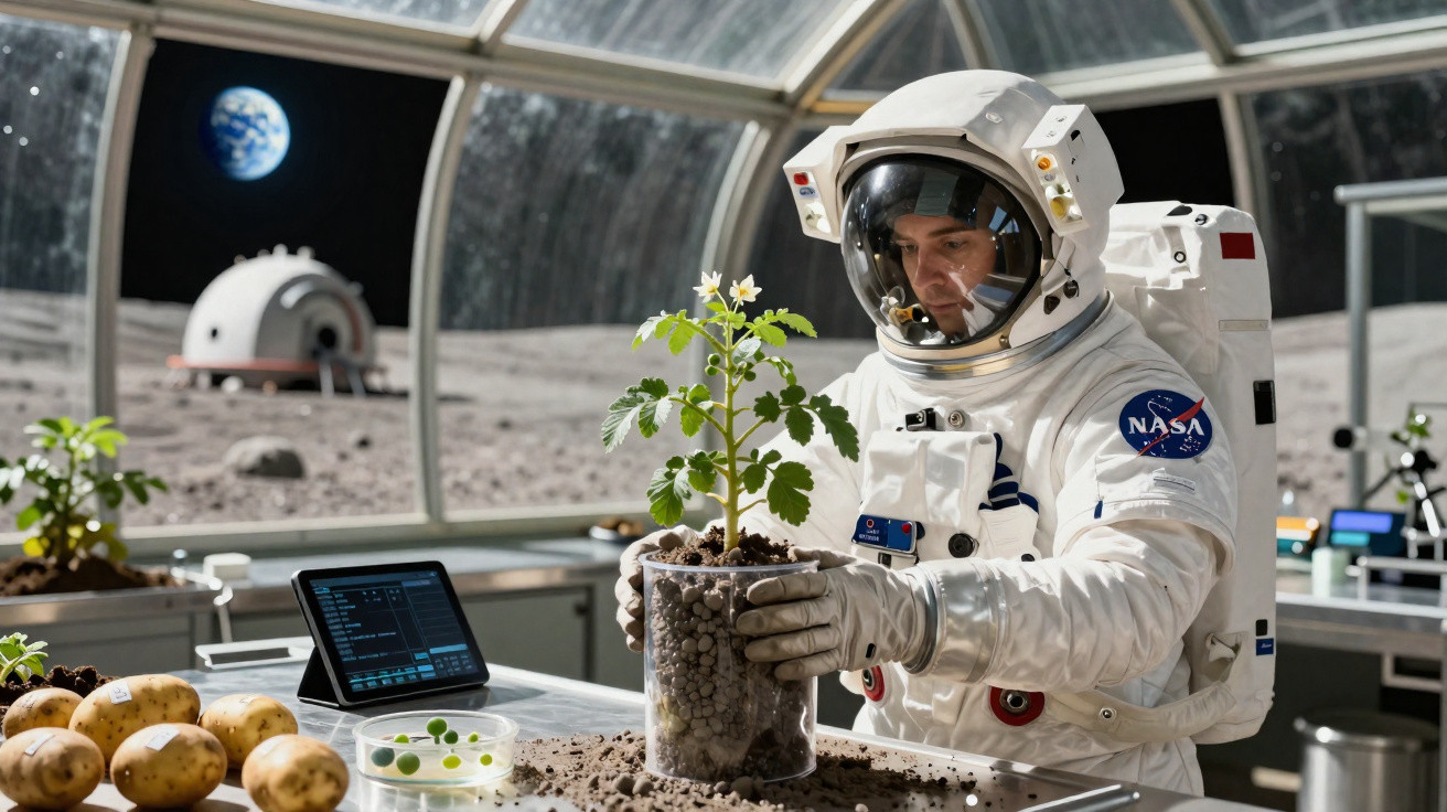 Astronauta em ambiente lunar cuida de planta em vaso dentro de estufa com vista para a Terra.