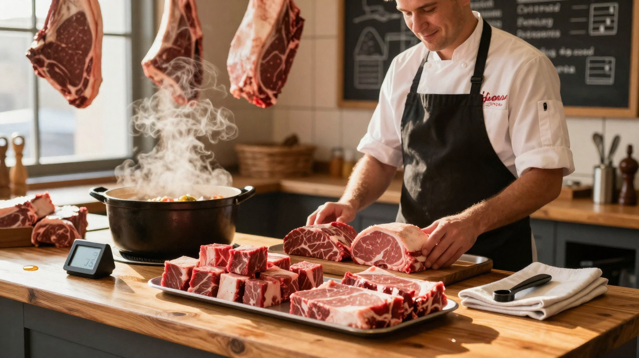 Chef com avental prepara várias peças de carne crua numa bancada de madeira numa cozinha profissional.