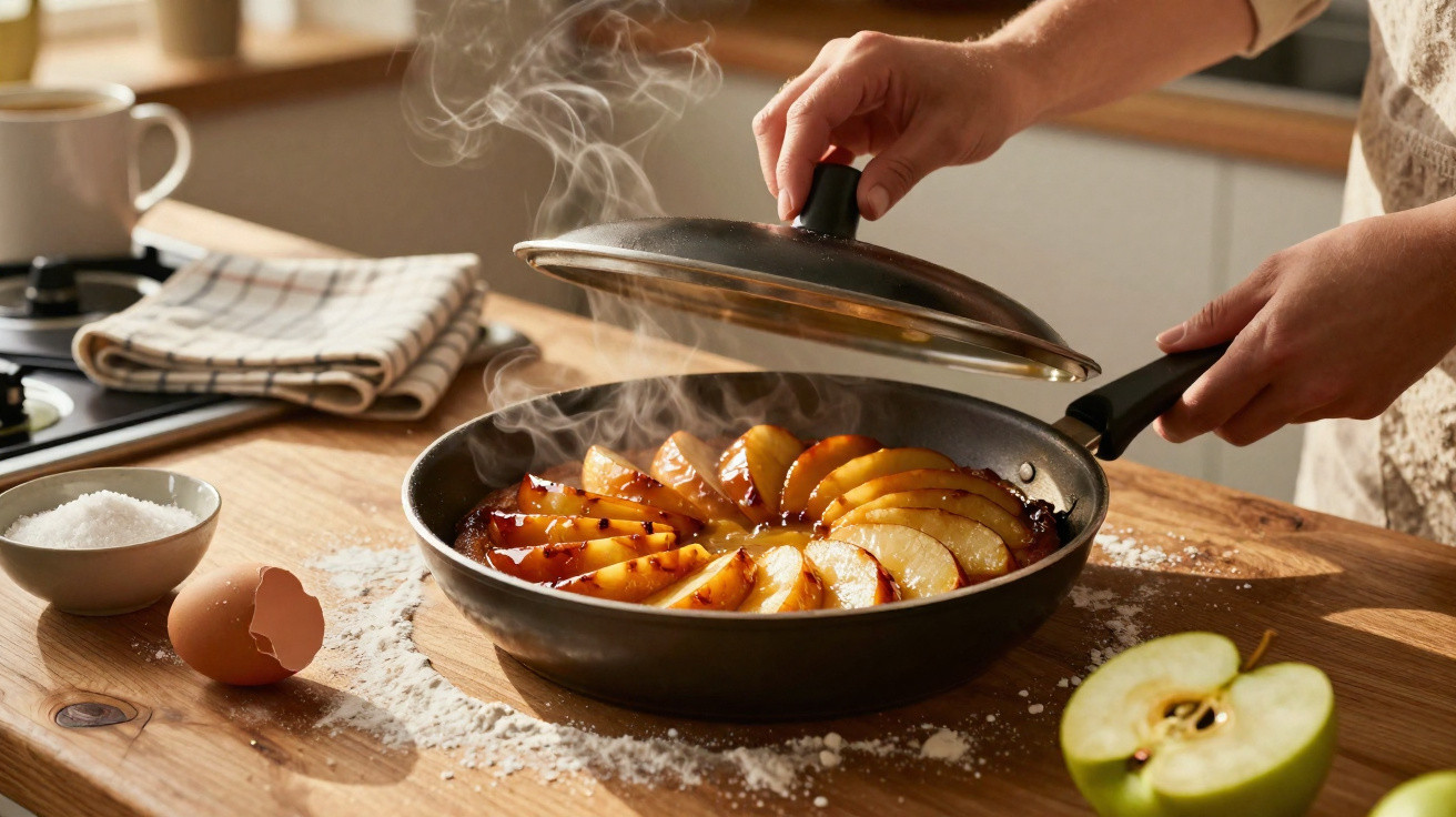Mãos a levantar tampa de frigideira com maçãs caramelizadas a cozinhar numa cozinha iluminada.