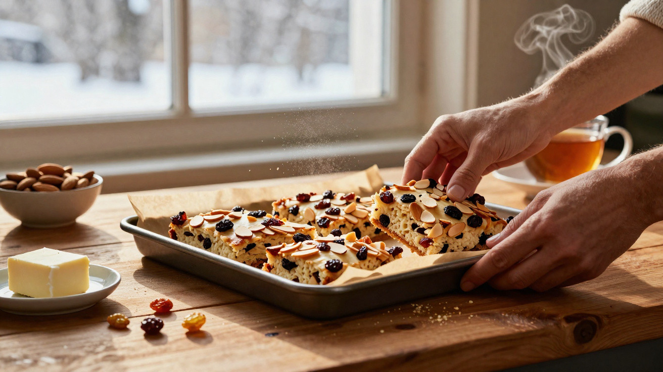 Pessoa a retirar quadrados de bolo com frutos vermelhos e amêndoas, com chá e ingredientes na mesa.