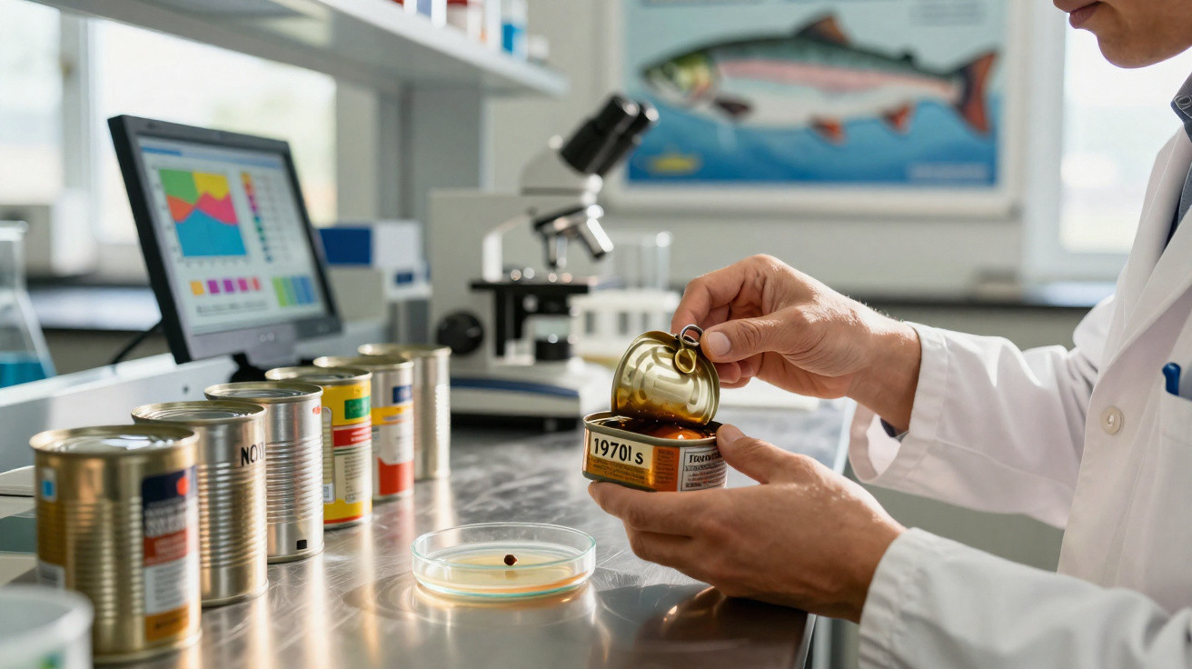 Laboratório a analisar alimentos enlatados com microscópio e gráficos num computador ao fundo.