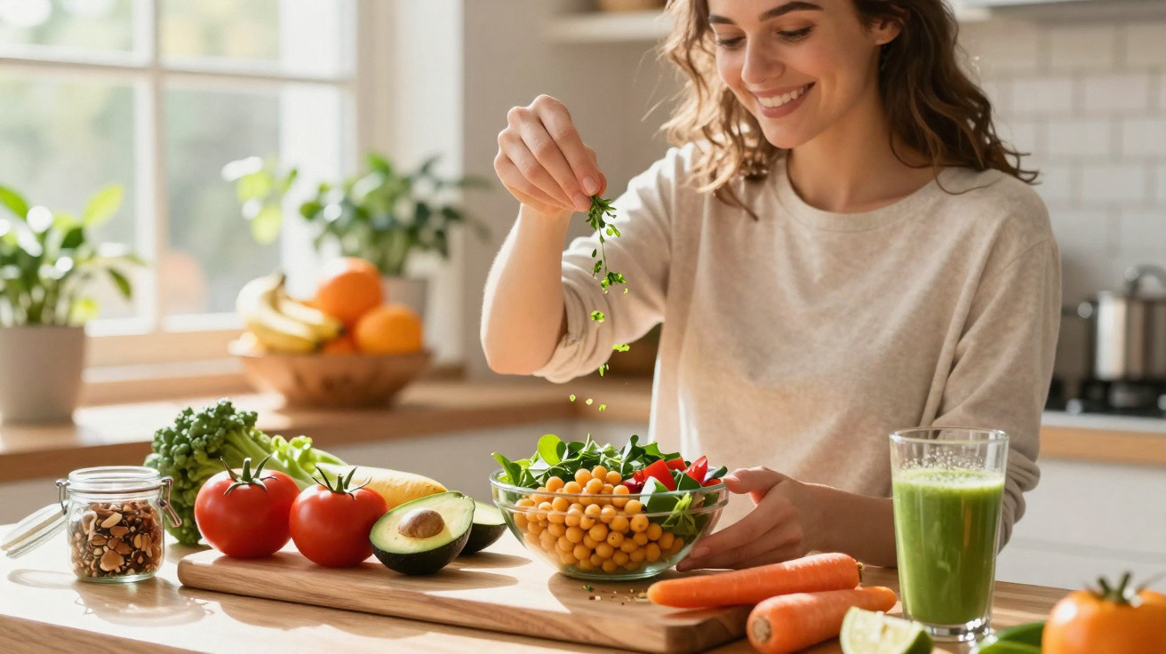 Mulher a preparar uma salada fresca com legumes e azeitonas numa cozinha luminosa e acolhedora.