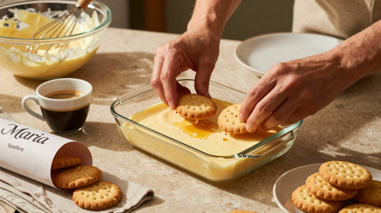 Mãos a mergulhar bolachas em creme numa travessa de vidro, com café e recipiente de bolachas ao lado.