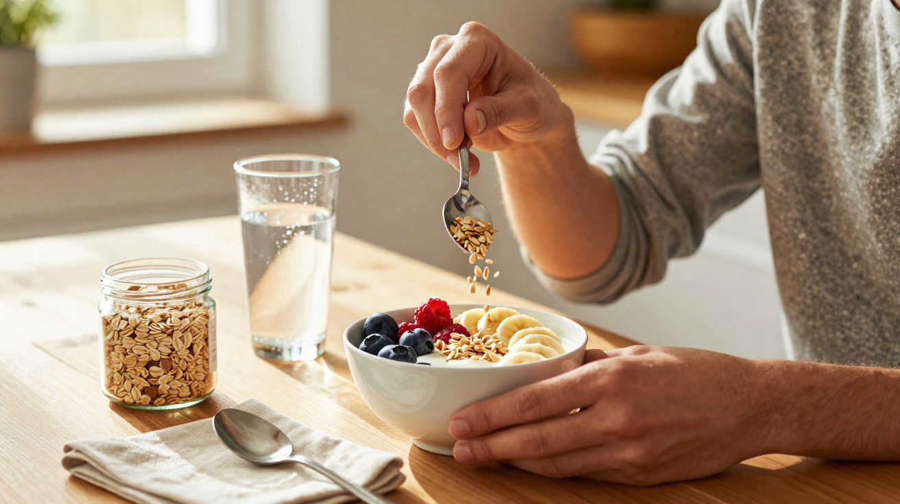 Pessoa a polvilhar granola numa taça de iogurte com frutas frescas numa mesa de madeira.