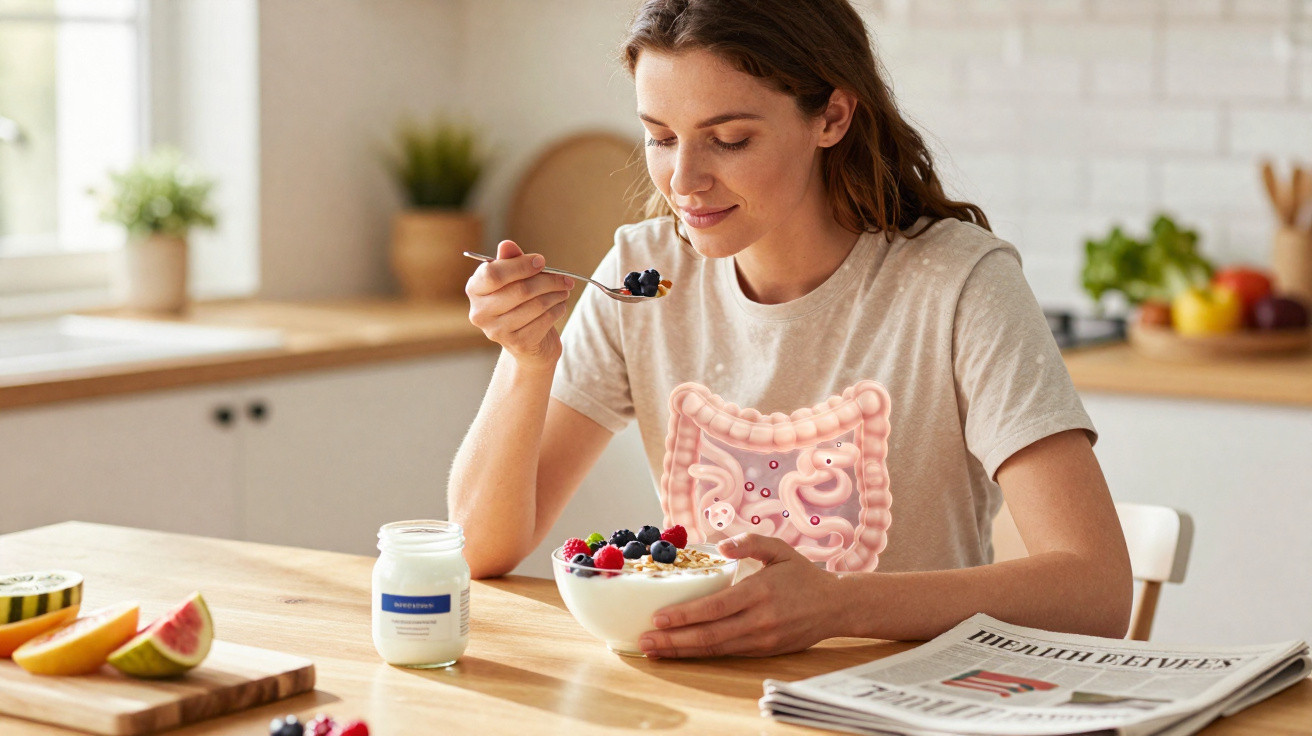 Mulher a comer iogurte com frutas numa cozinha, com ilustração do sistema digestivo visível.
