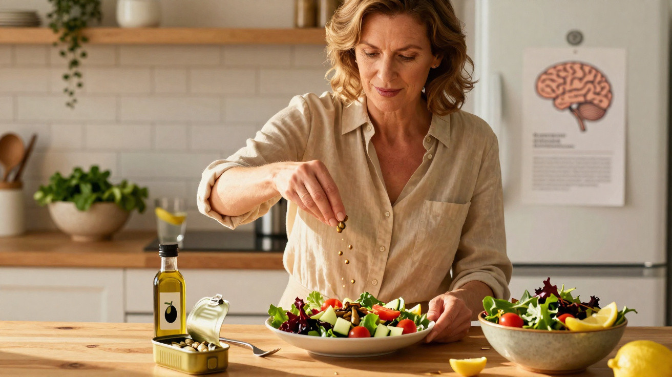 Mulher tempera salada fresca com legumes numa cozinha moderna luminosa.