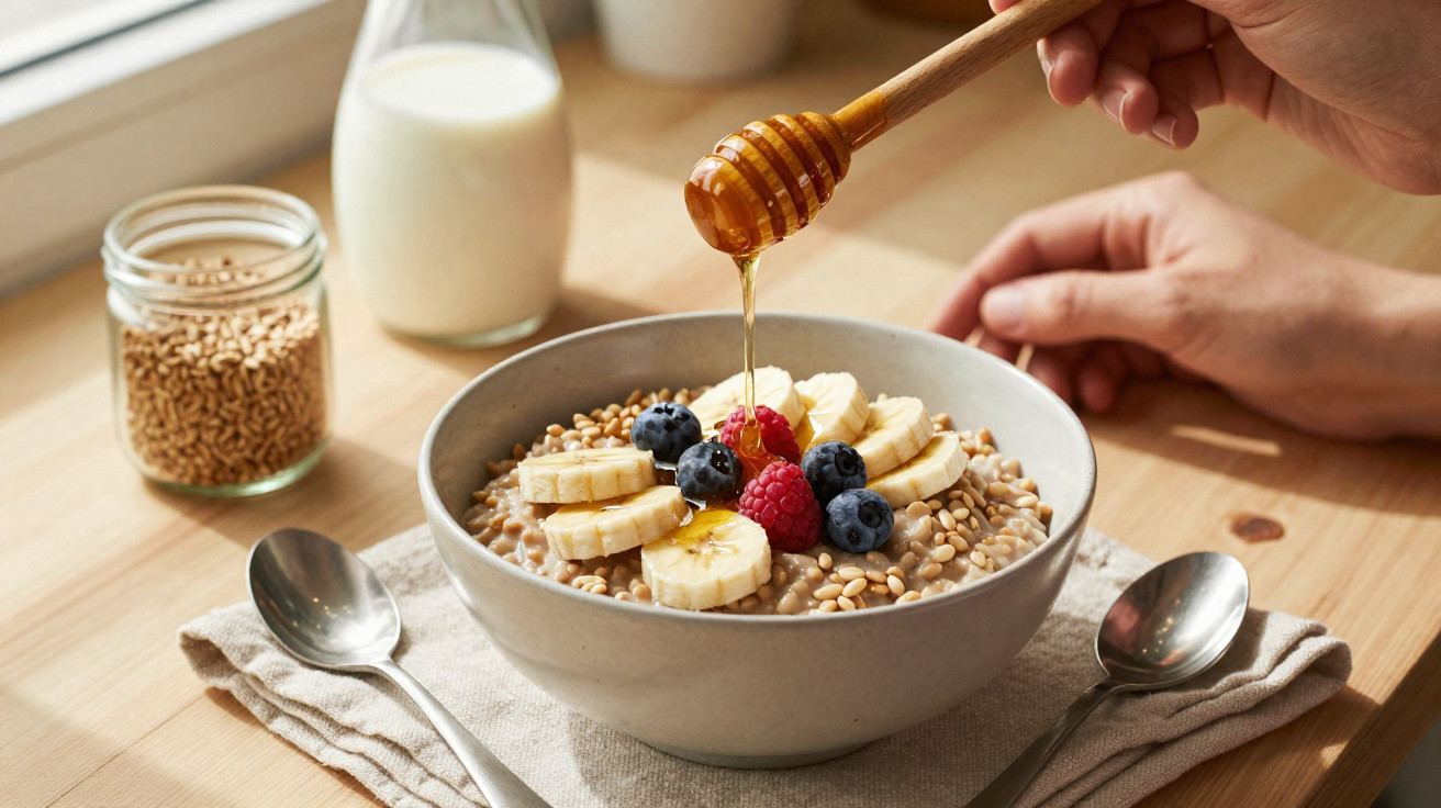 Tigela com papa de aveia, frutos silvestres, fatias de banana e mel a ser derramado, com colher e frascos ao fundo.