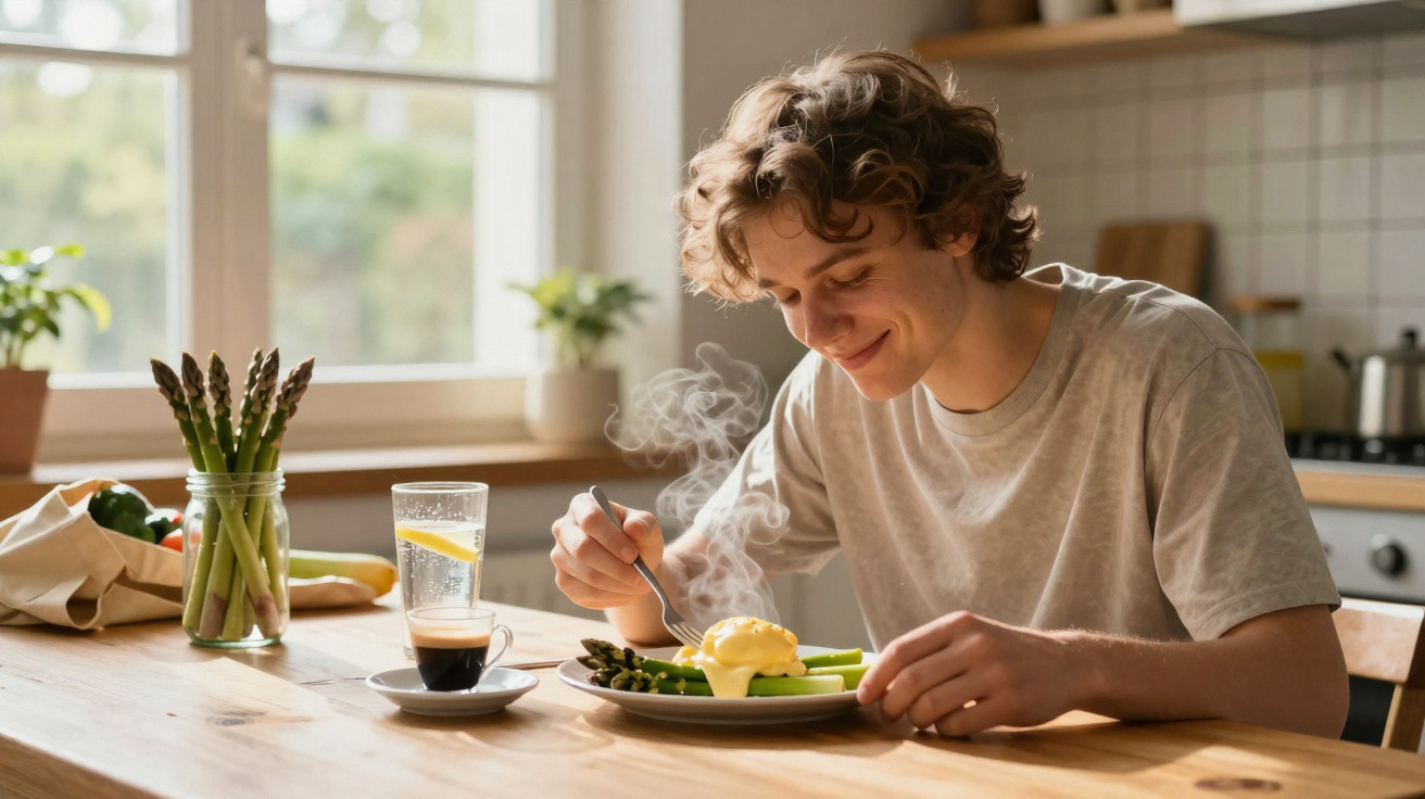 Jovem a saborear refeição quente com espargos e ovo escalfado numa cozinha luminosa e acolhedora.