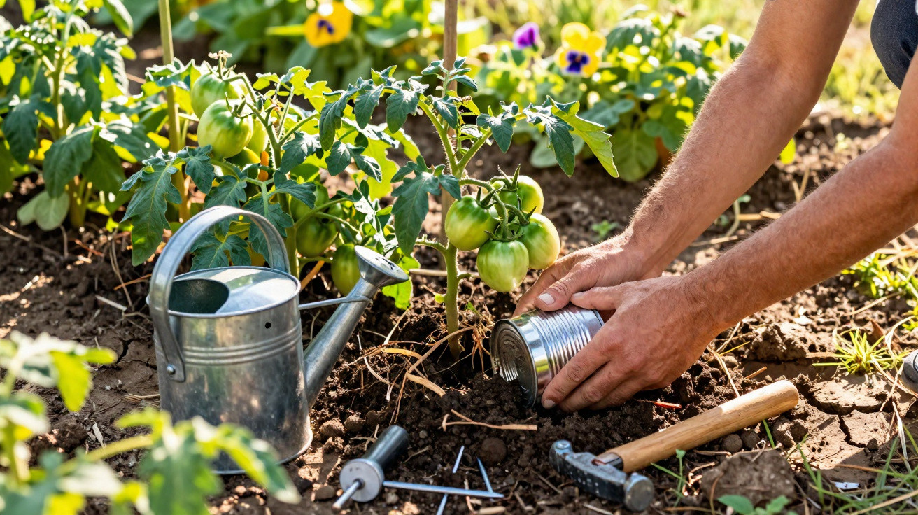 Mãos a plantar tomateiras no solo com ferramentas de jardinagem e regador metálico ao lado.