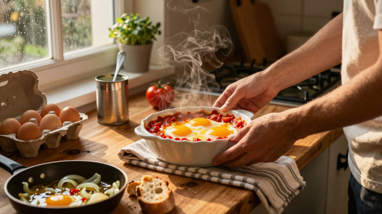 Mãos seguram travessa com ovos estrelados a fumegar em molho vermelho, pão e ingredientes numa bancada perto da janela.