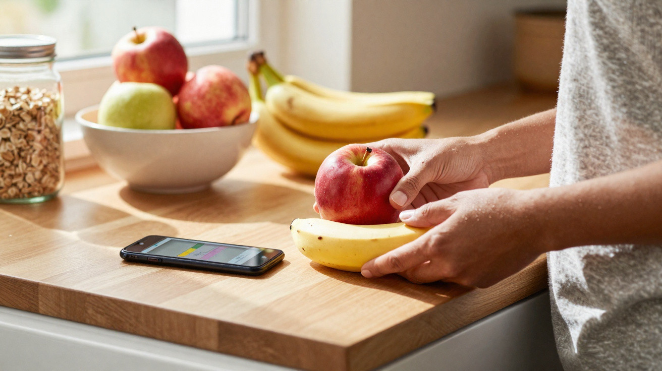 Pessoa a segurar uma maçã vermelha numa cozinha com bananas, frutas e pote de aveia sobre a mesa.