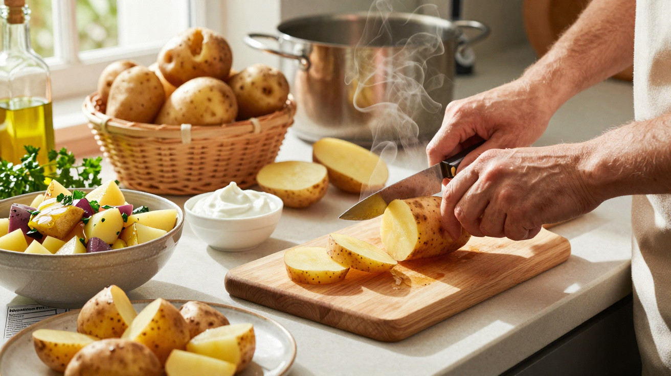 Pessoa a cortar batatas numa tábua de madeira numa cozinha com ingredientes para cozinhar batatas.