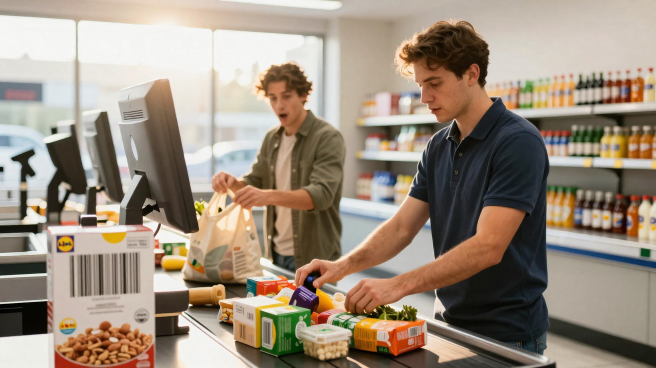 Funcionária a passar produtos no caixa de supermercado Lidl enquanto cliente espera com sacos reutilizáveis.