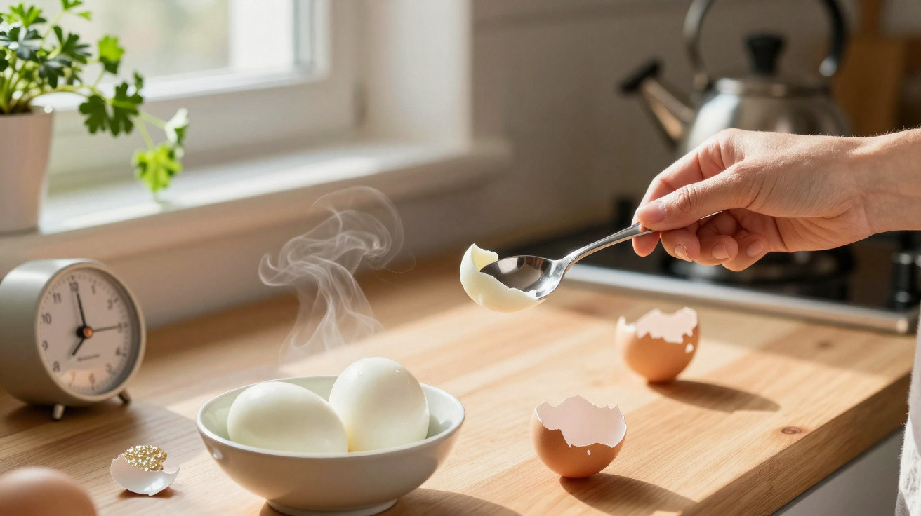 Mão segurando colher com ovo quente sobre prato na bancada de cozinha com relógio e chaleira a fundo.