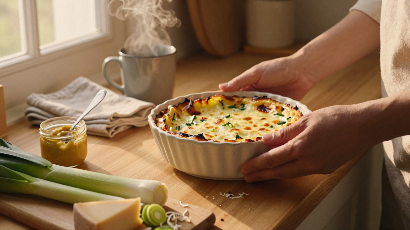 Mãos seguram travessa com quiche saída do forno, com alho-francês, queijo e caneca de chá com vapor.