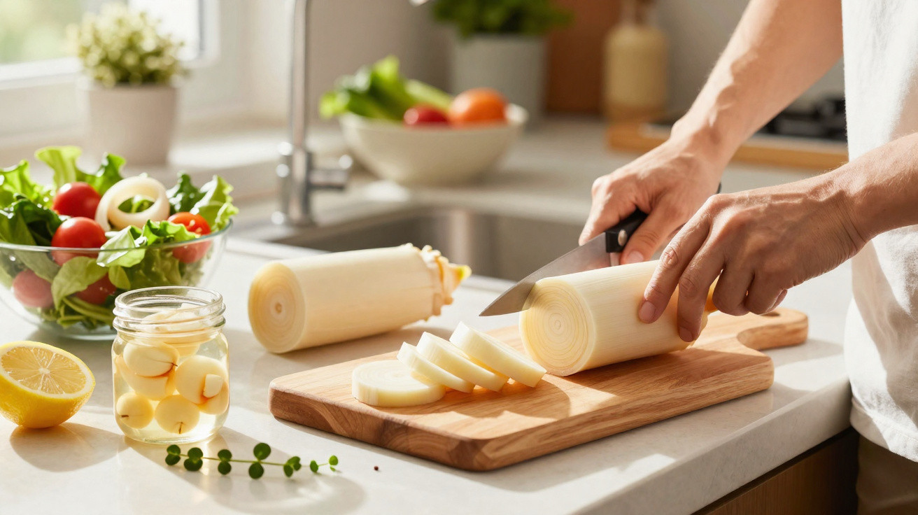 Pessoa a cortar alho-francês num tabuleiro de madeira com salada e limão na bancada da cozinha.