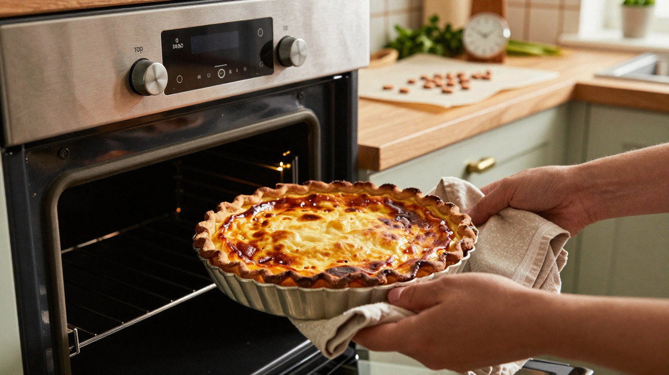 Pessoa a tirar do forno uma tarte dourada em forma de metal numa cozinha iluminada.