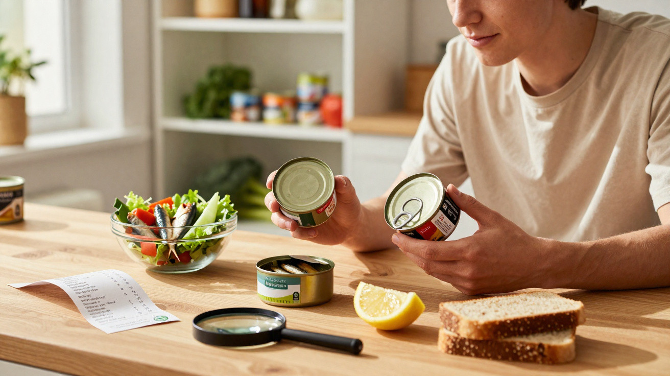 Pessoa a segurar duas latas de sardinhas, com salada, pão, limão e lupa na mesa de madeira.