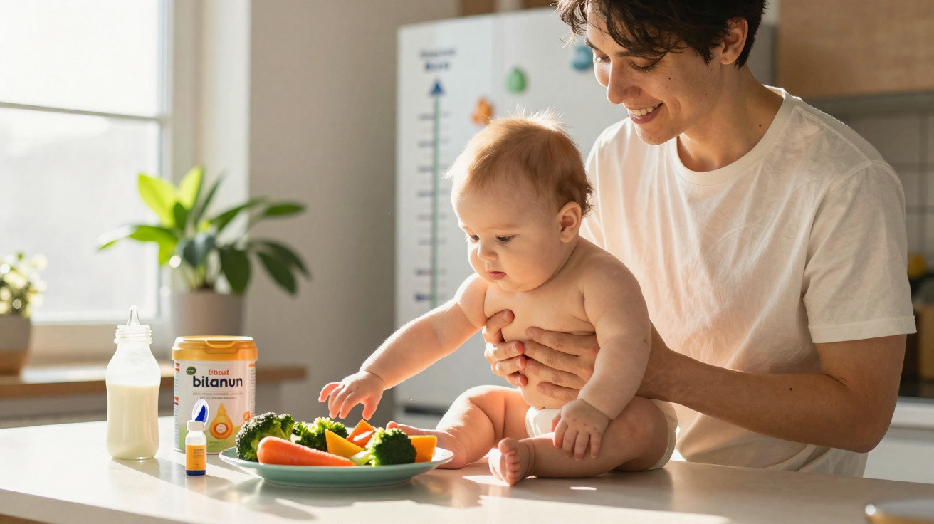 Pai sorridente segura bebé nu sentado numa cozinha com legumes e suplementos na mesa.