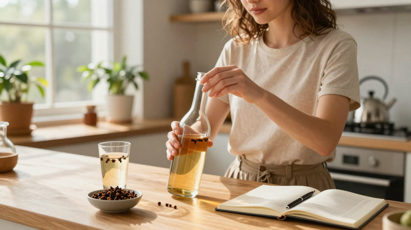 Mulher prepara infusão de especiarias numa cozinha moderna com jarra, copo, caderno e especiarias numa bancada de madeira.