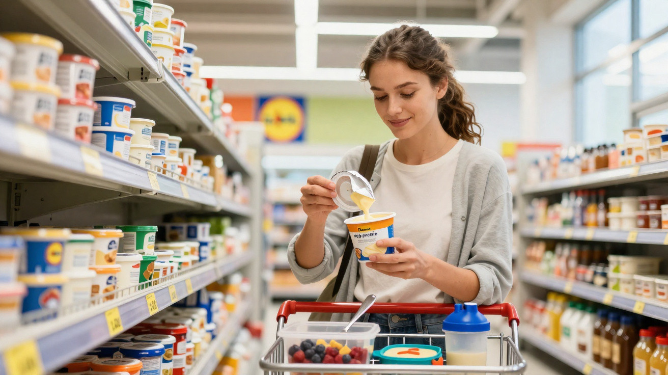 Jovem mulher num supermercado a ver embalagem de iogurte enquanto faz compras no corredor dos lacticínios.
