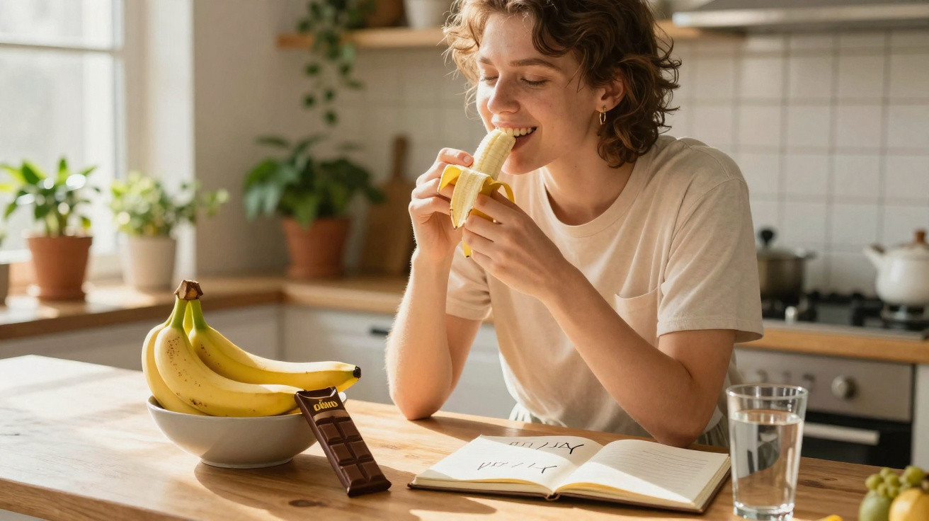 Pessoa jovem a comer uma banana na cozinha, sentada à mesa com caderno, chocolate e copo de água.