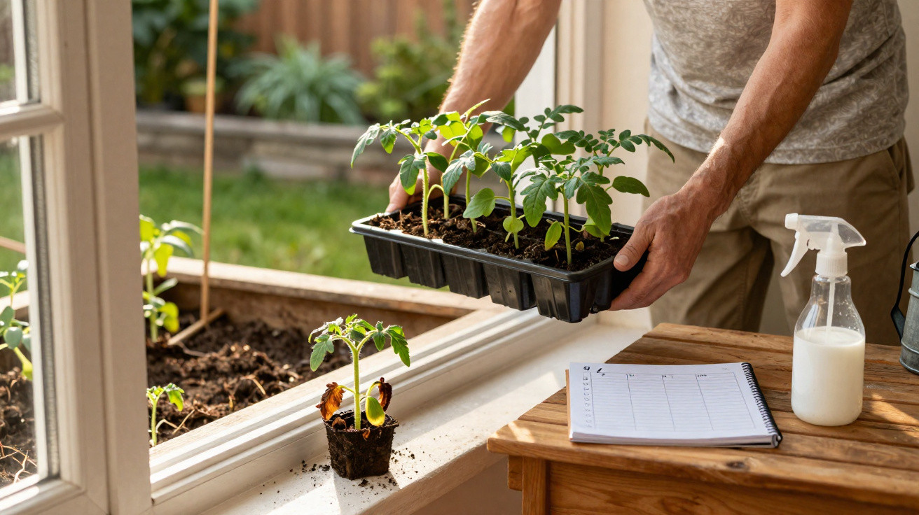 Pessoa a transplantar rebentos de tomate para canteiros de cultivo caseiro com regador e pulverizador à mão.