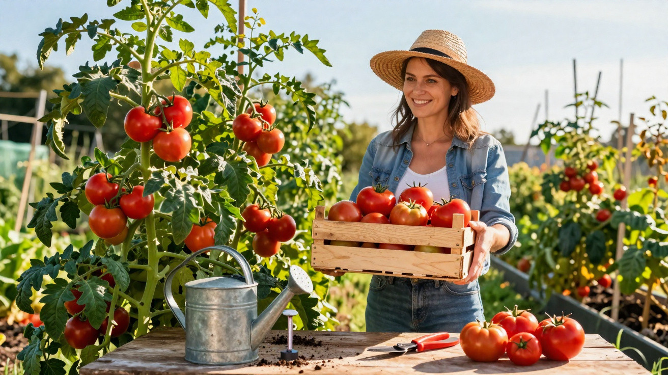 Mulher com chapéu e jardinagem segura caixa de tomates maduros na horta ao ar livre ensolarada.