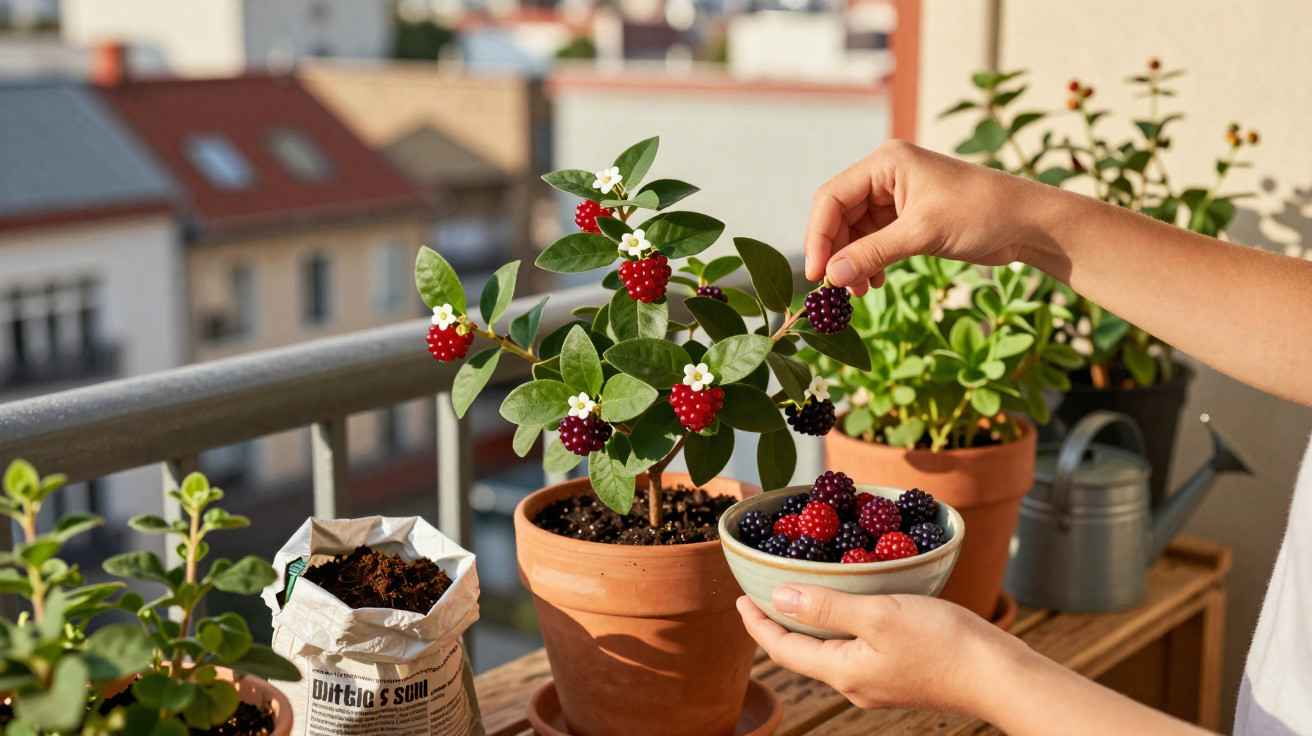 Mãos colhendo amoras de vaso com planta florida numa varanda ensolarada com outras plantas ao fundo.