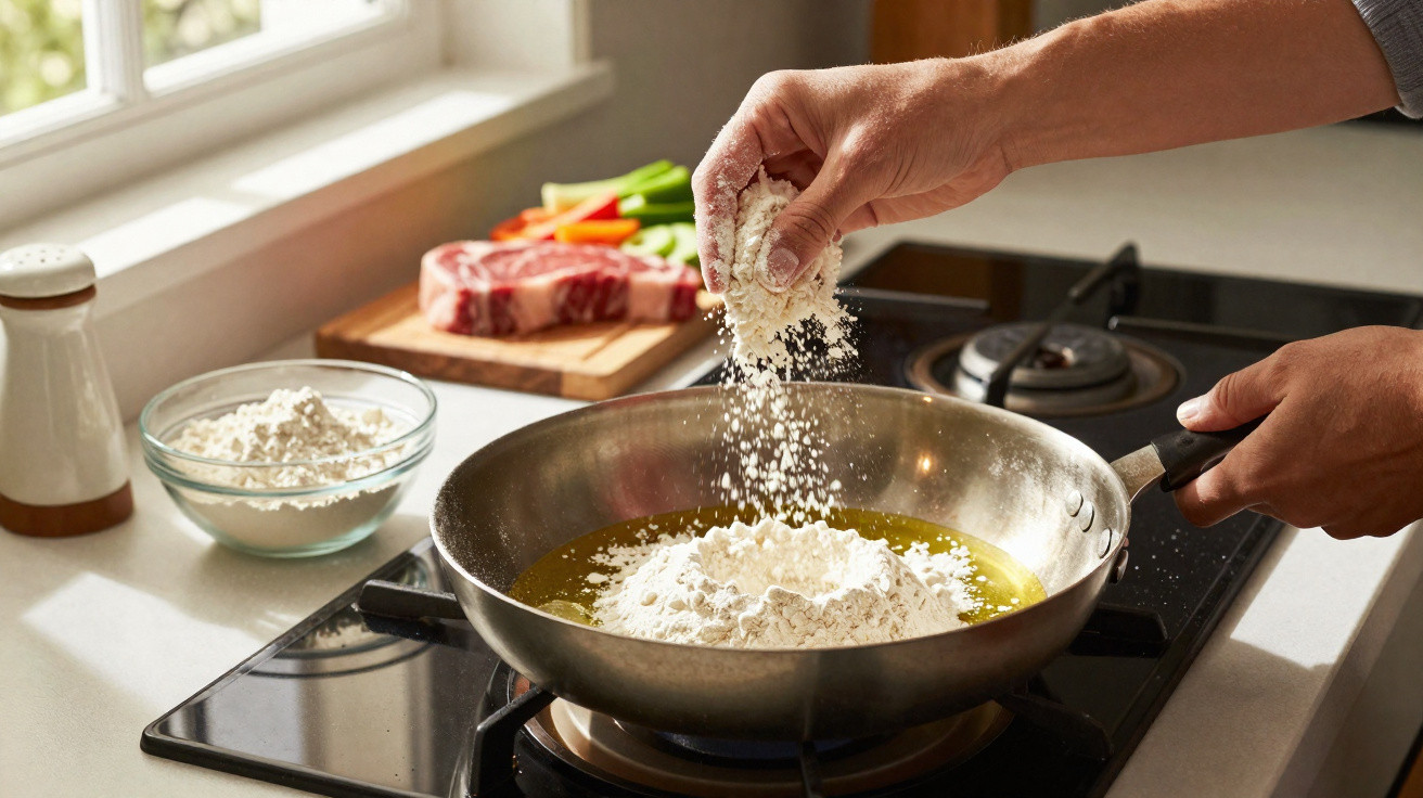 Pessoa a adicionar farinha a uma frigideira com óleo numa cozinha moderna.