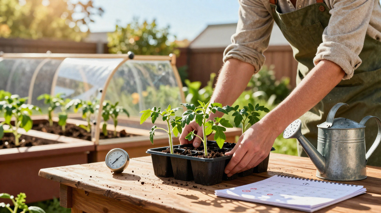 Pessoa a transplantar mudas de plantas numa estufa com regador, termómetro e caderno de anotações na mesa de madeira.