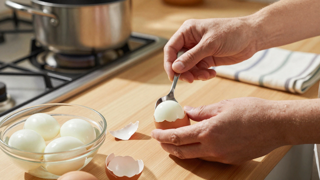 Mãos a descascar ovos cozidos numa tigela branca numa cozinha com ovos e utensílios ao fundo.
