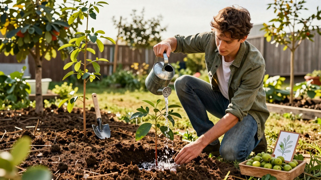 Rapaz rega uma planta jovem num jardim ensolarado com regador metálico e enxada ao lado.