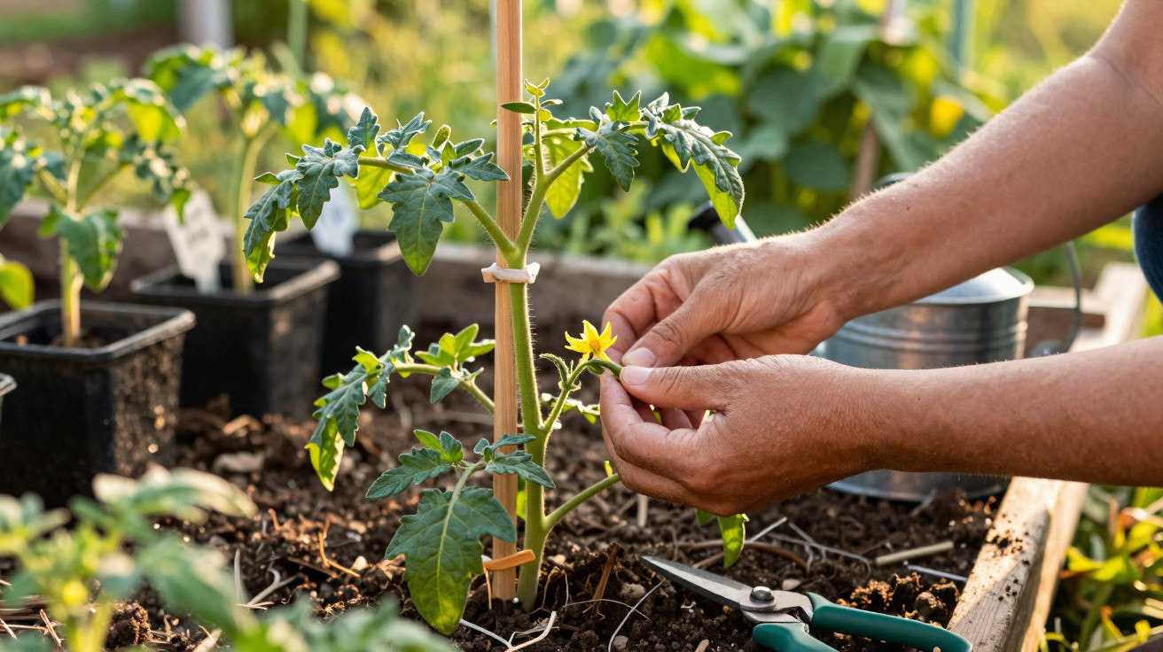 Mãos a cuidar de planta de tomateira com flor amarela num jardim com regador e ferramentas ao fundo.