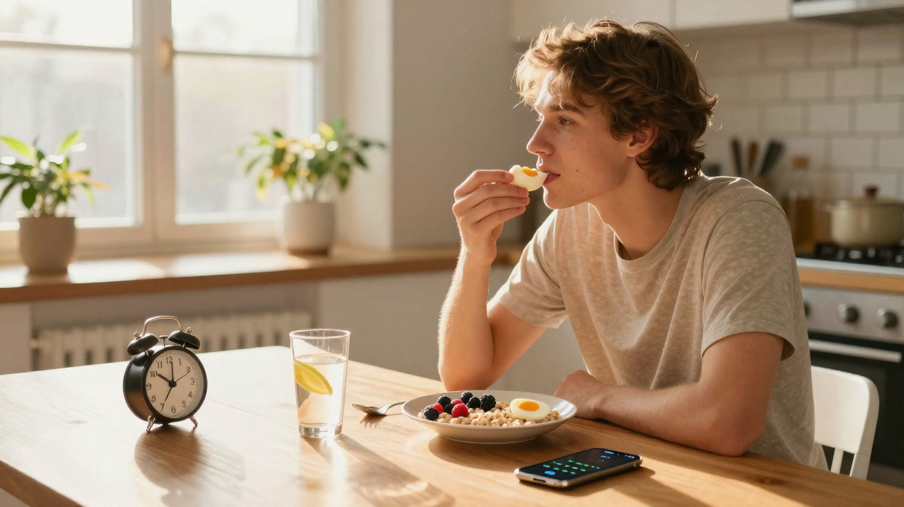 Jovem a tomar pequeno-almoço com ovo cozido, água e frutos num ambiente luminoso de cozinha.