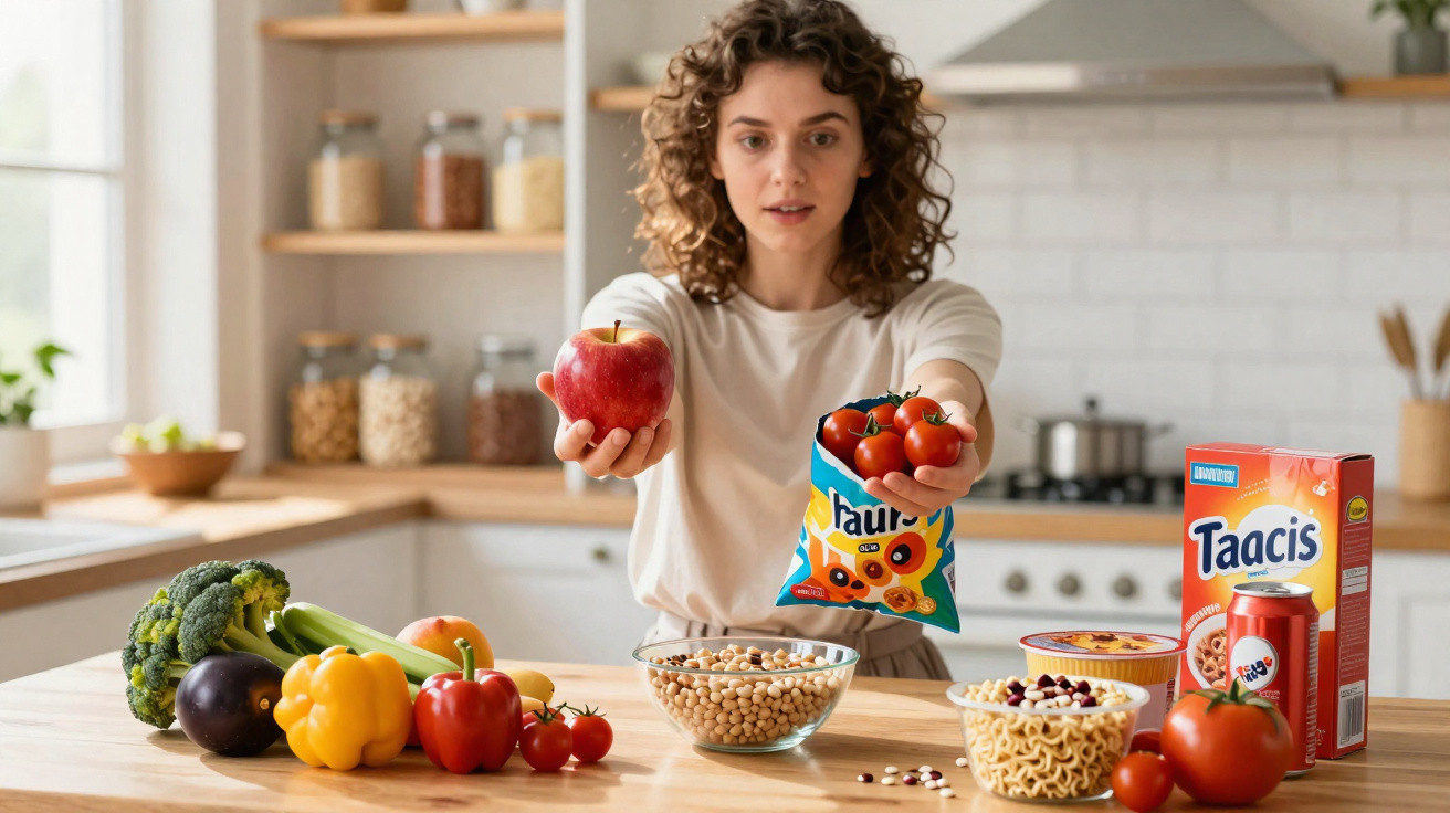 Mulher com expressão surpresa segura maçã e pacote de tomate-cereja numa cozinha com vários legumes e cereais sobre a mesa.