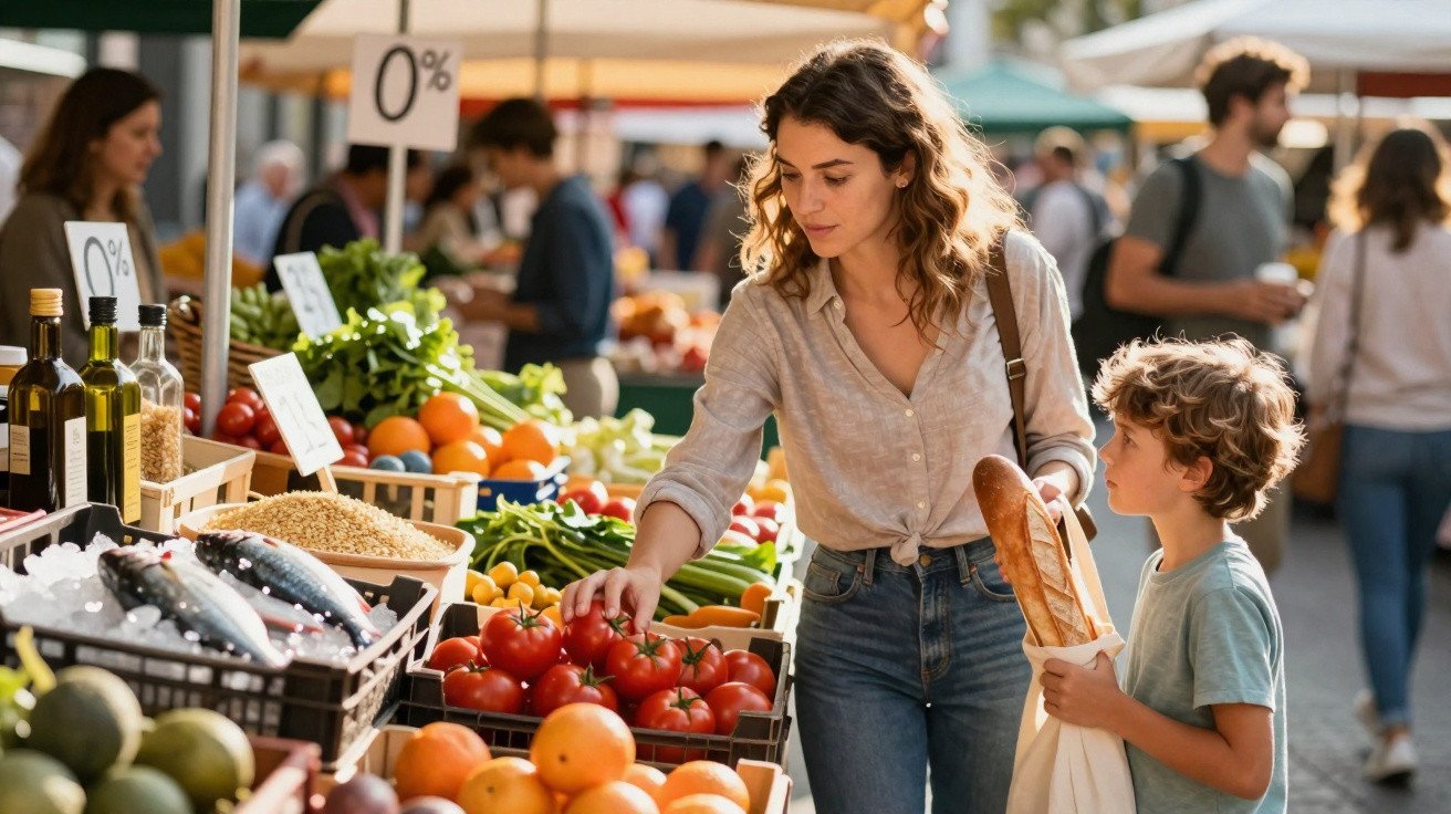 Mulher e menino a escolher tomates numa banca de mercado ao ar livre num dia ensolarado.