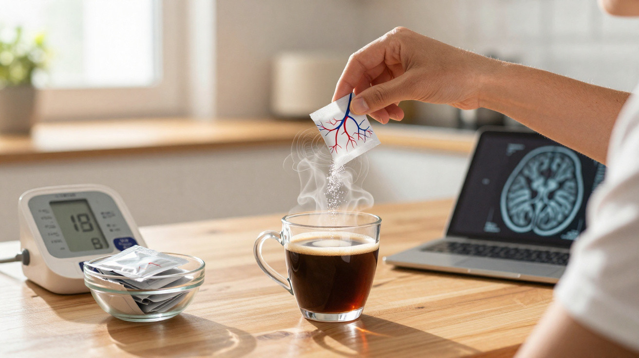 Pessoa a adicionar pó com ilustração de cérebro numa chávena de café numa mesa com computador e medidor de glicemia.